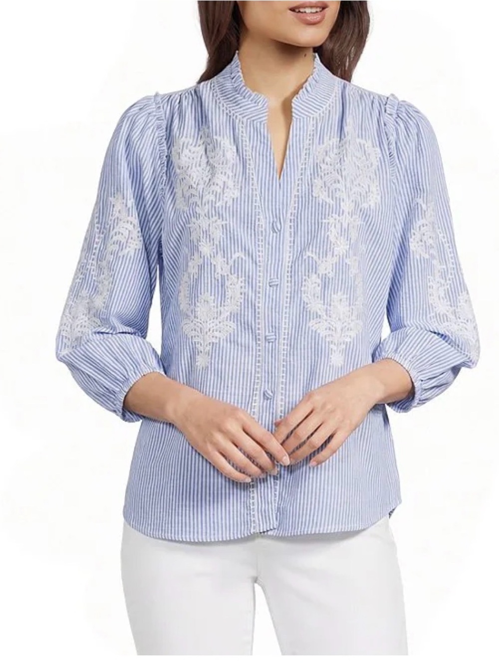 Calesas Stripe Split V-Neck 3/4 Balloon Sleeve Embroidered Button Tunic L s26